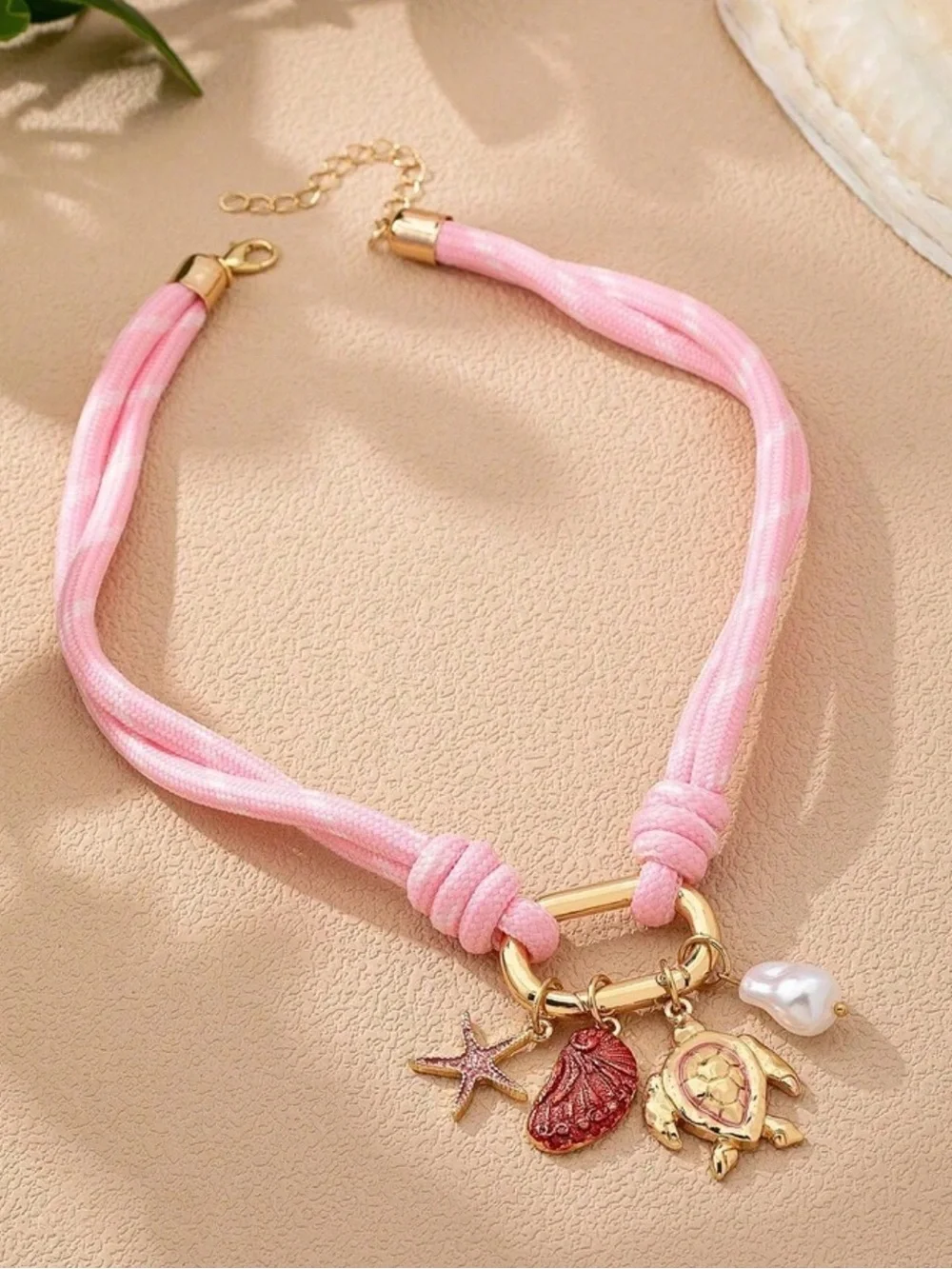 Pink Cord Necklace with Gold Nautical Charms R711 - Picture 1 of 2